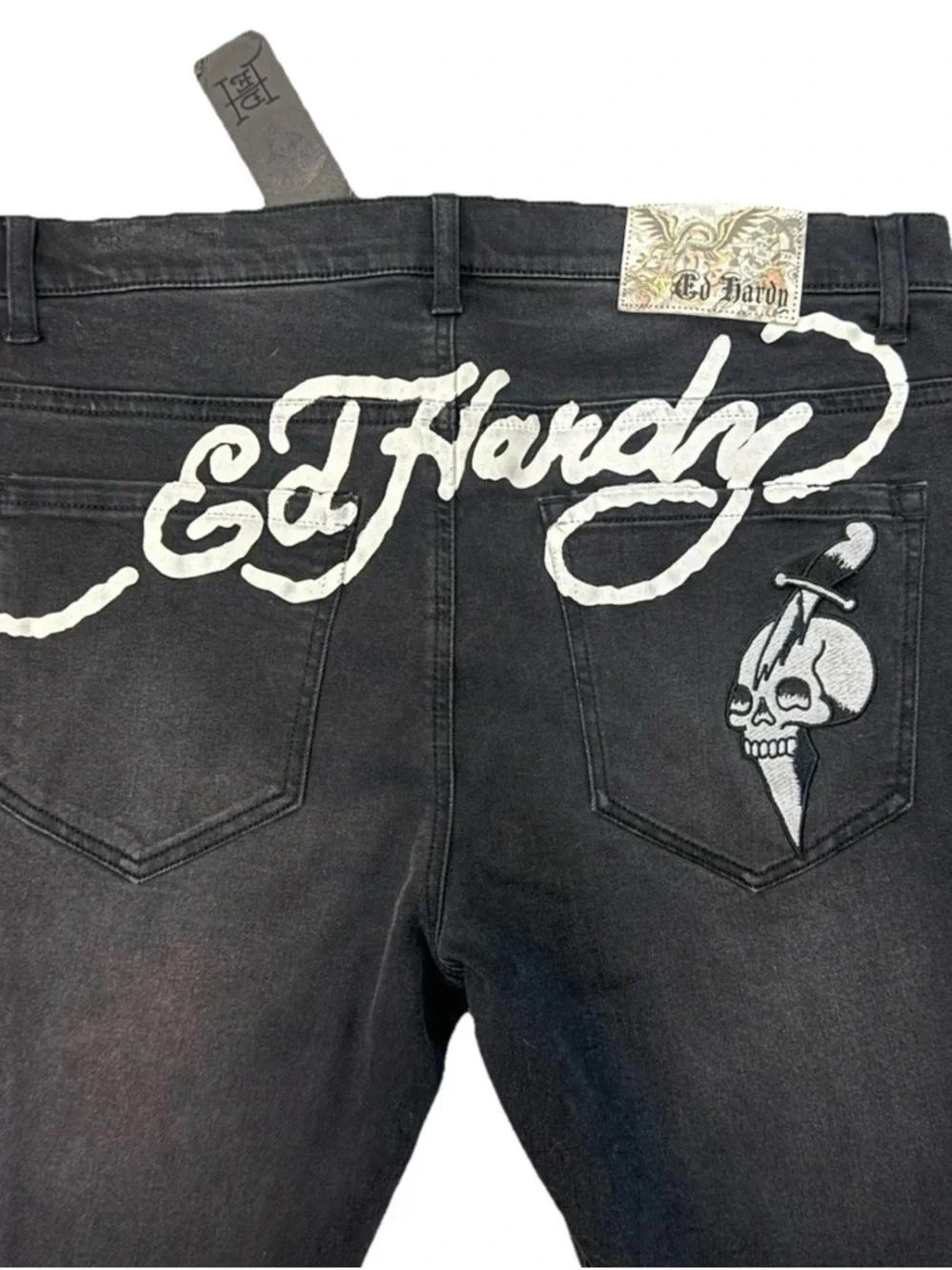 Ed Hardy Black Skinny Jeans with White Script & Skull Accent - Picture 2 of 6